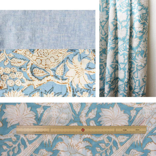 フルセット★ジパン（柄110・水色地に大きな鳥と花の描かれたジパン／水色）とつけ衿、半襟、ポストカード、カタログのセット