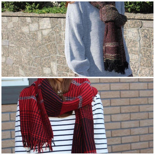 Owarishima　赤/黒　マルチボーダーマフラー+ベージュ/茶/グリーン　マルチボーダーマフラー×2枚組