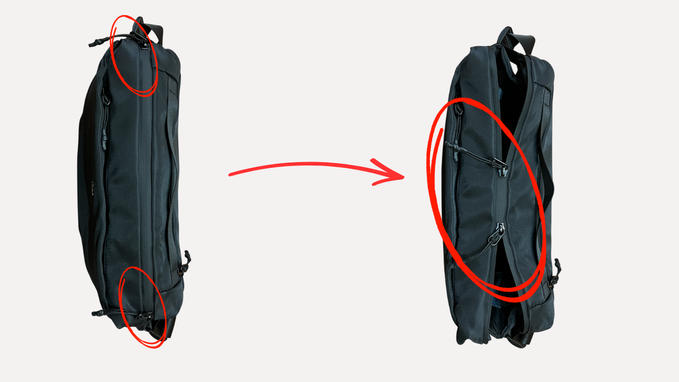 右からでも、左からでも開けられるダブルファスナー